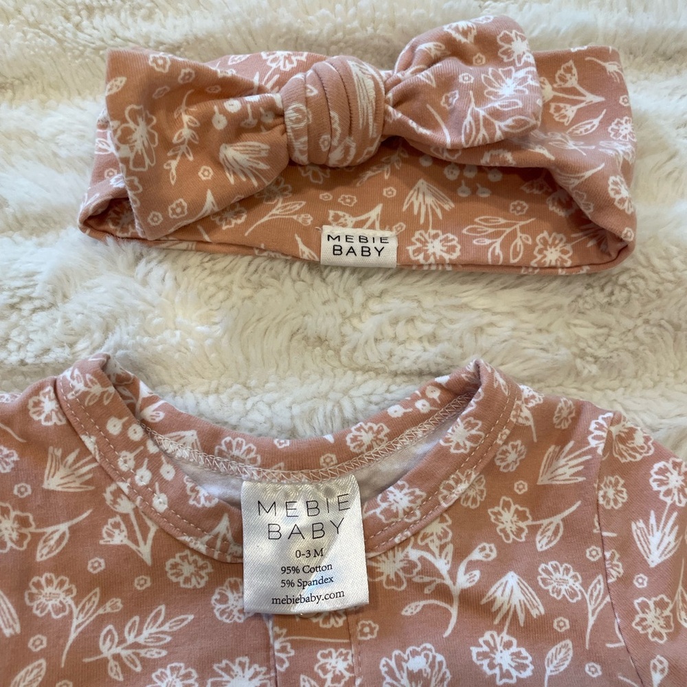 Floral Long Sleeve Gown & Bow Headband